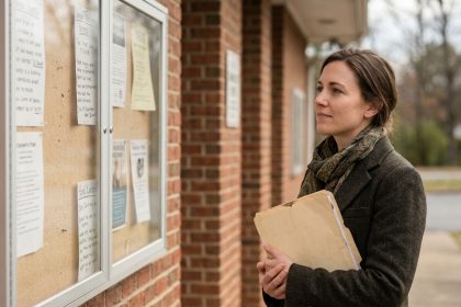 Femme en blazer observant un tableau d annonces locales
