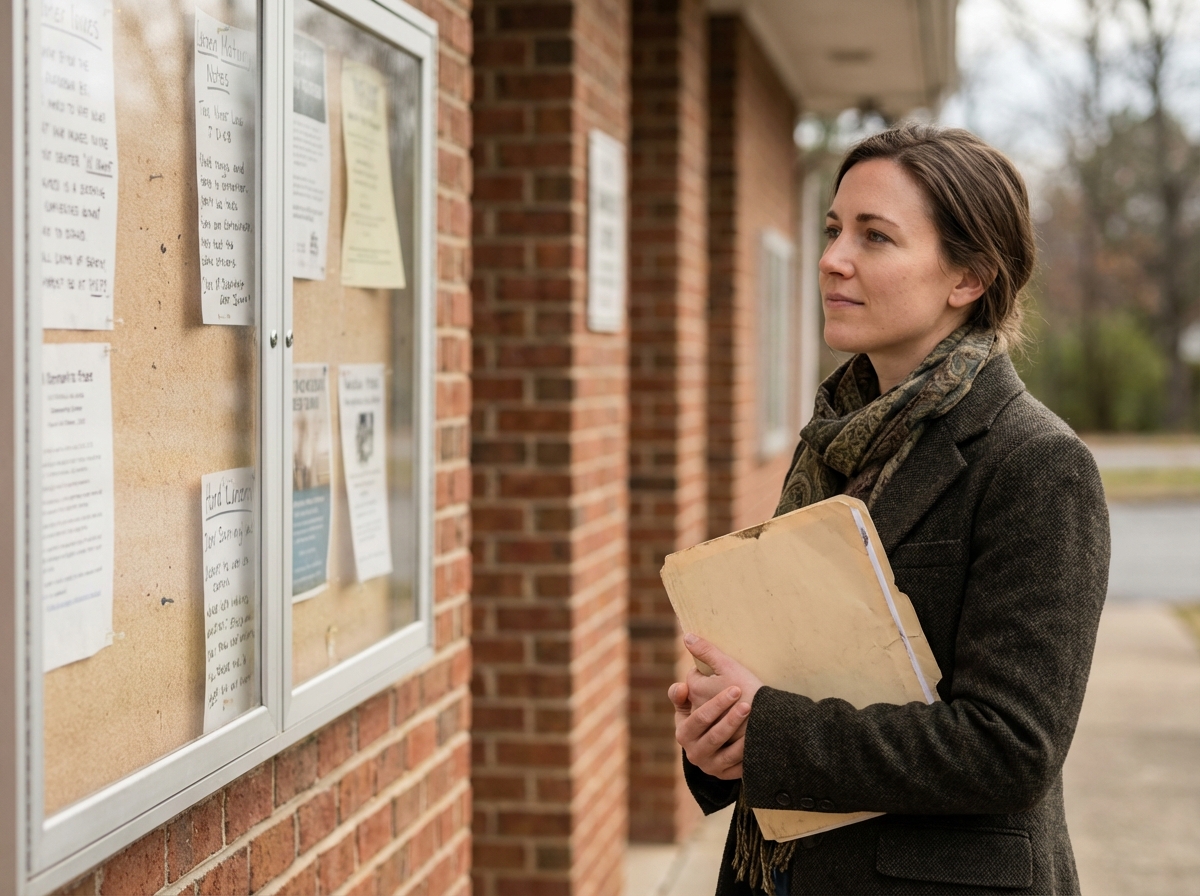 Femme en blazer observant un tableau d annonces locales