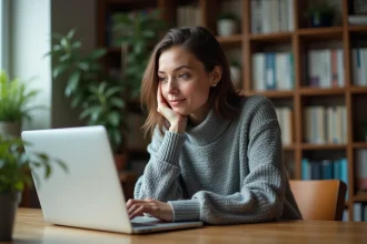 Femme consultant un site comparateur de formations professionnelles sur son ordinateur portable dans un bureau à domicile