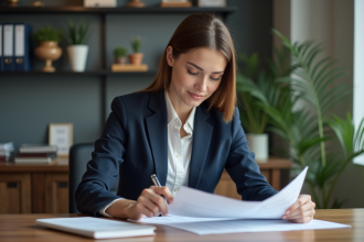 Femme confiante en blazer bleu examine son CV au bureau