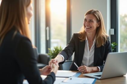 Femme confiante serrant la main d'un recruteur dans un bureau lumineux
