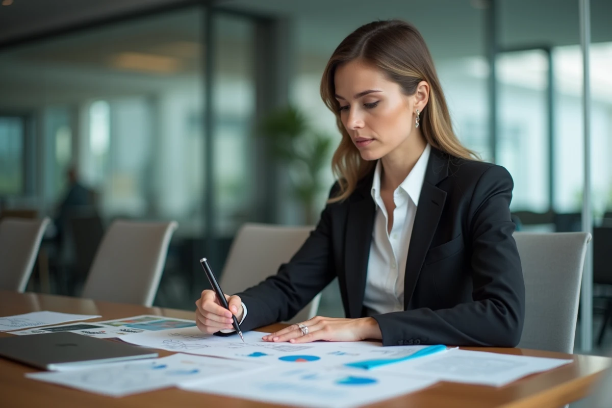 Femme confiante analysant des documents dans un bureau moderne