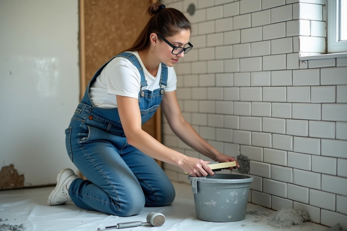 Femme posant du carrelage lors d'un cours de bricolage pratique dans une salle de bain en cours de rénovation