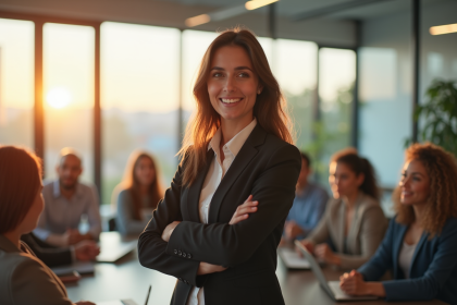 Femme d'affaires confiante en leadership dans un bureau moderne