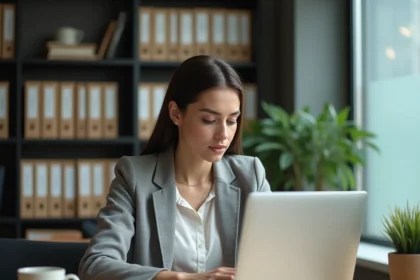 Femme regardant un message d'erreur de messagerie académique sur son ordinateur portable dans un bureau universitaire