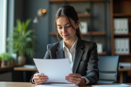 Jeune femme d affaires étudie un certificat dans un bureau moderne
