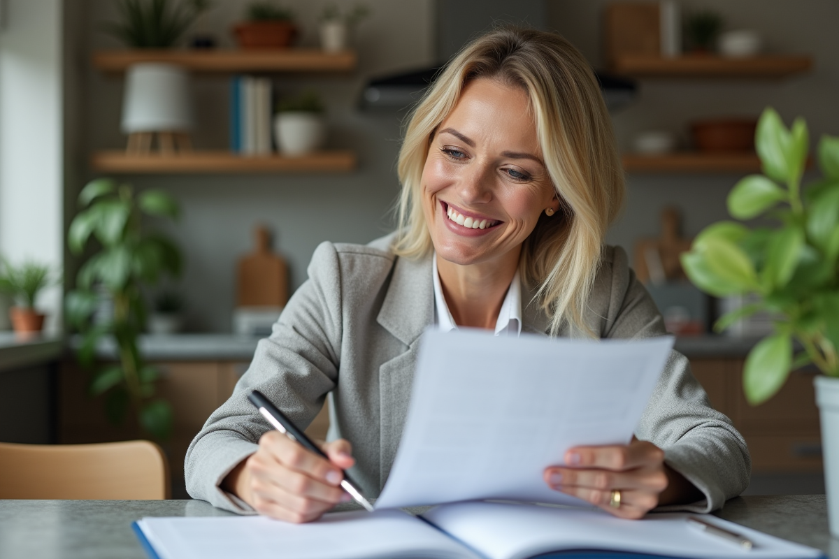Femme souriante vérifiant ses documents financiers à la maison