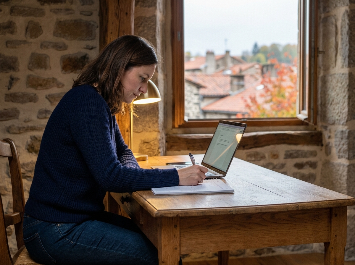 Femme concentrée travaillant dans un bureau cosy en automne