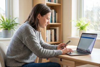 Femme concentrée dans son bureau à domicile avec smartphone