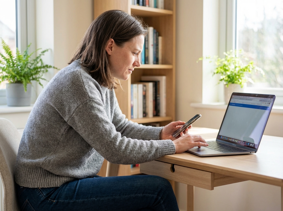 Femme concentrée dans son bureau à domicile avec smartphone