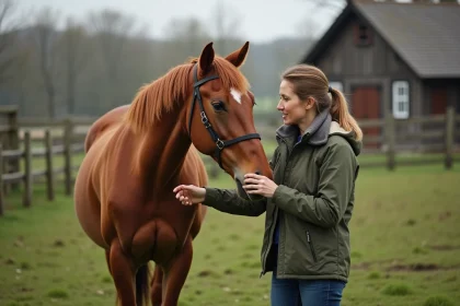 Femme et cheval dans un pr&eacute; paisible &agrave; la campagne