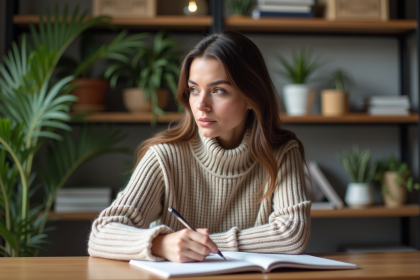 Femme en train de journaler dans un bureau moderne et cosy