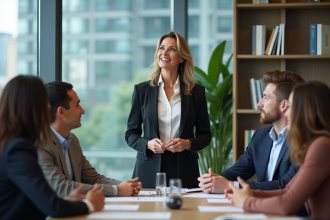 Femme en réunion d'affaires avec équipe diversifiée