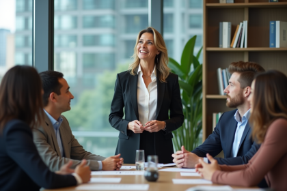 Femme en réunion d'affaires avec équipe diversifiée