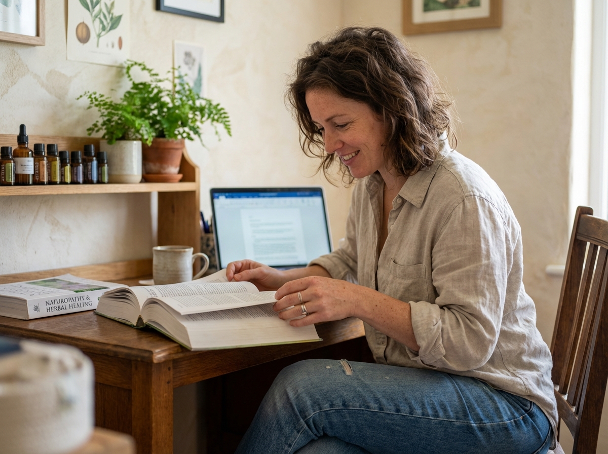 Femme lisant un livre de naturopathie à son bureau à la maison