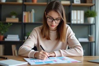 Jeune femme organisée avec fiches de connecteurs français