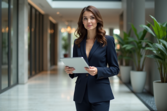Femme en tailleur navy dans un bureau moderne