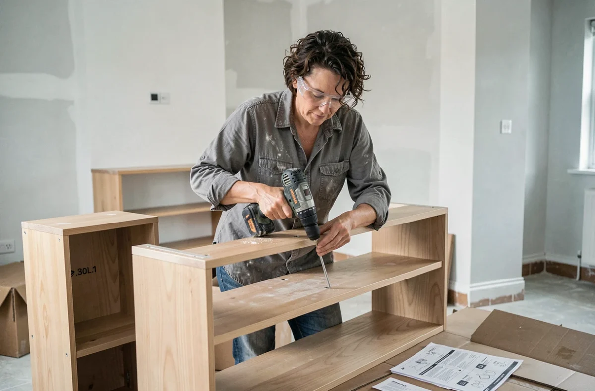 Femme d'âge moyen utilisant une perceuse sans fil pour assembler une étagère en bois dans un salon en rénovation, portant des lunettes de protection
