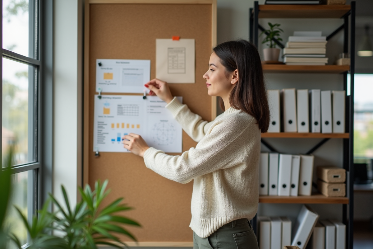 Jeune femme fixant un diagramme PDCA sur un tableau en bureau