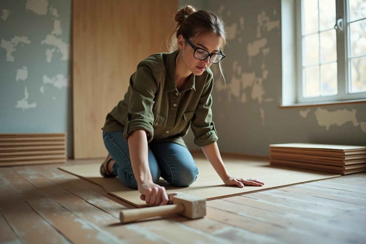 Femme posant un parquet flottant elle-même grâce à une formation bricolage pour réduire les coûts de rénovation