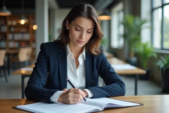 Femme professionnelle analysant un abonnement magazine business à son bureau pour évaluer la rentabilité de sa stratégie d'entreprise
