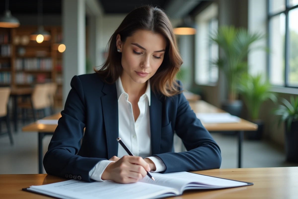 Femme professionnelle analysant un abonnement magazine business à son bureau pour évaluer la rentabilité de sa stratégie d'entreprise