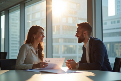 Femme professionnelle discutant avec un responsable RH dans un bureau lumineux