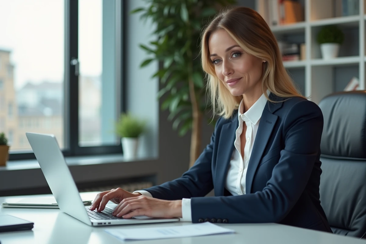 Femme en blazer navy travaillant sur son ordinateur dans un bureau lumineux