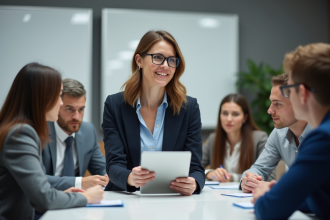 Femme professionnelle en formation avec groupe d'adultes