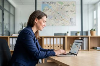 Femme en blazer bleu recherche emploi sur son ordinateur