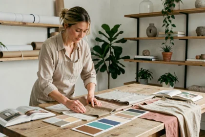 Femme adulte en reconversion arrangeant des échantillons de tissu et des palettes de couleurs dans un atelier de décoration intérieure