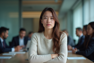 Jeune femme réservée en réunion au bureau