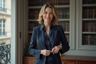 Femme élégante en costume navy dans un bureau parisien