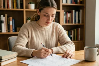 Jeune femme étudiant un tableau de conversion des mesures à son bureau à domicile avec des annotations au crayon