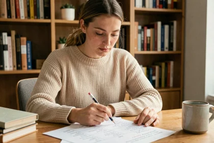 Jeune femme étudiant un tableau de conversion des mesures à son bureau à domicile avec des annotations au crayon