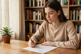 Jeune femme concentrée qui complète un test de mémoire imprimé sur papier avant de commencer ses révisions