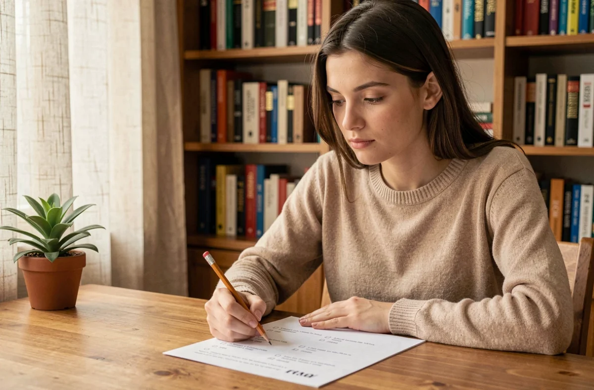 Jeune femme concentrée qui complète un test de mémoire imprimé sur papier avant de commencer ses révisions
