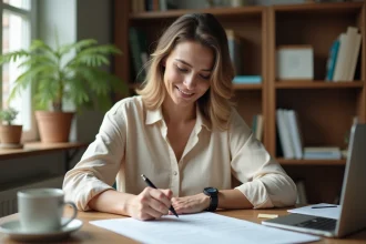Femme en reconversion professionnelle remplissant un test d'orientation de carrière à son bureau à domicile