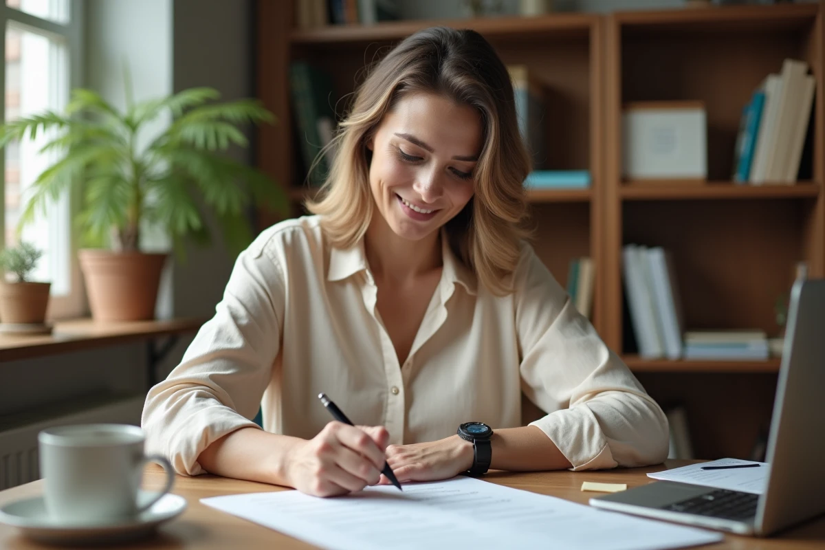 Femme en reconversion professionnelle remplissant un test d'orientation de carrière à son bureau à domicile