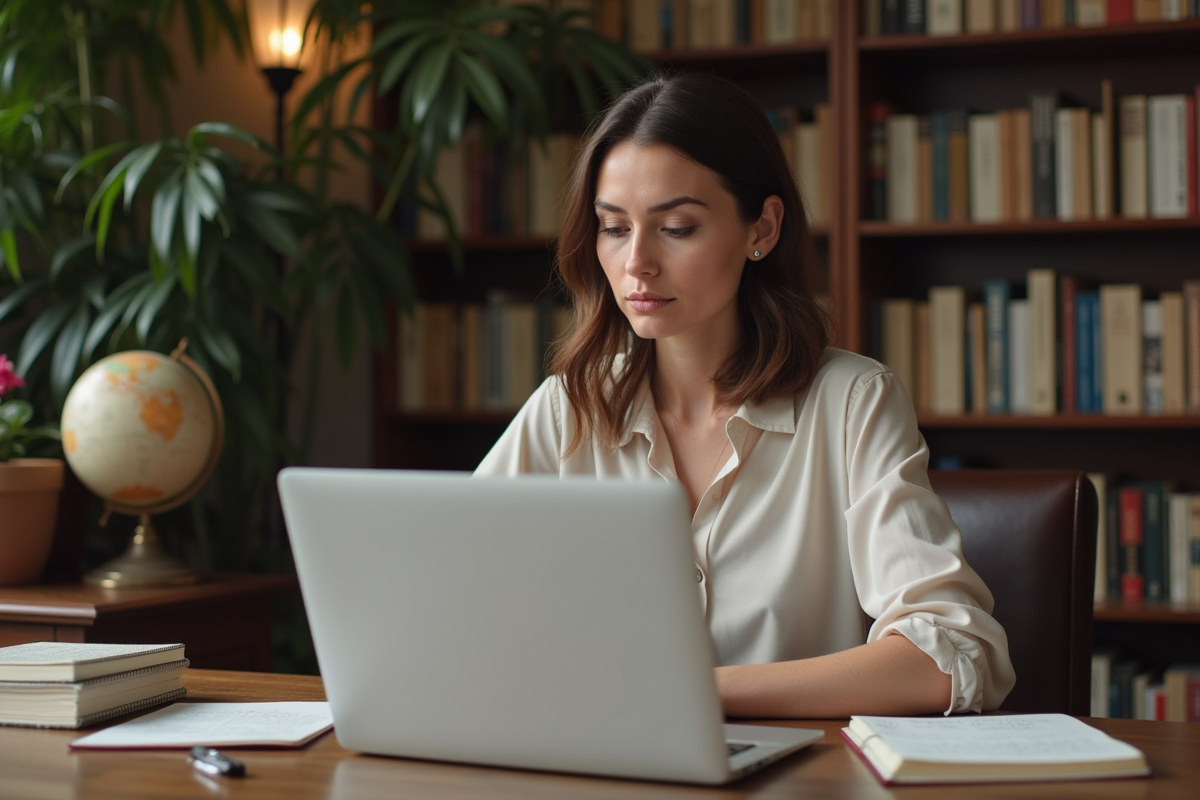 Femme concentrée traduisant un livre intitulé Diane dans un bureau calme