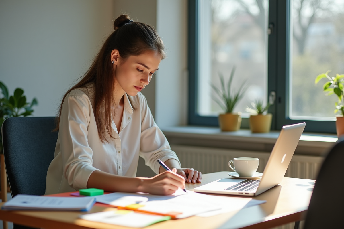 Femme concentrée planifiant une stratégie de formation seule