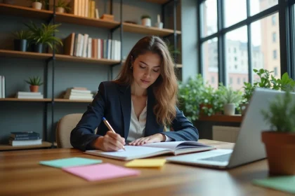 Jeune femme &eacute;crivant dans un coworking moderne