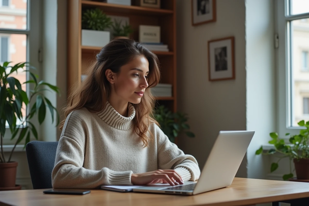 Jeune femme au bureau à domicile utilisant son ordinateur