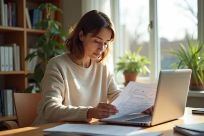 Femme assise à un bureau lumineux vérifiant ses documents de voyage