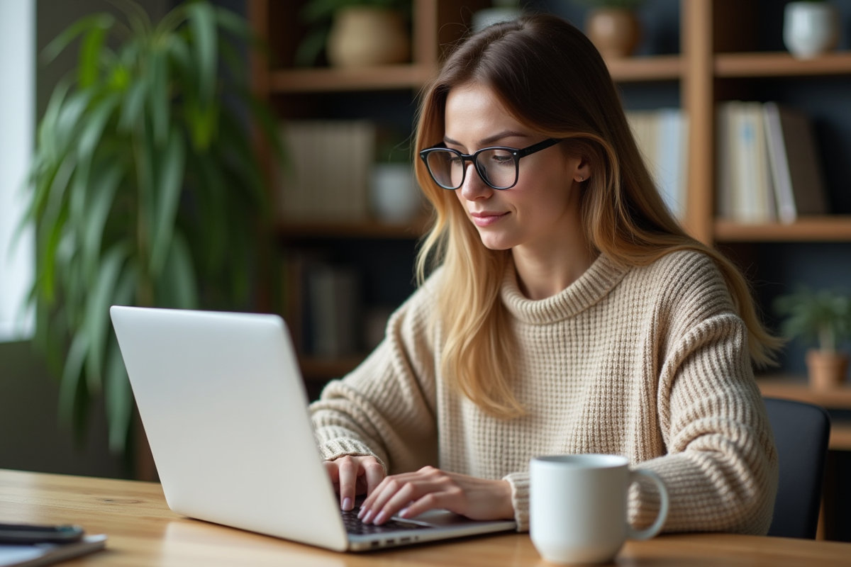 Femme en télétravail dans un bureau moderne et calme