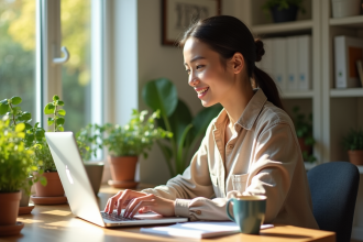 Jeune femme professionnelle travaillant à distance dans un bureau lumineux