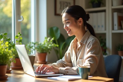 Jeune femme professionnelle travaillant à distance dans un bureau lumineux
