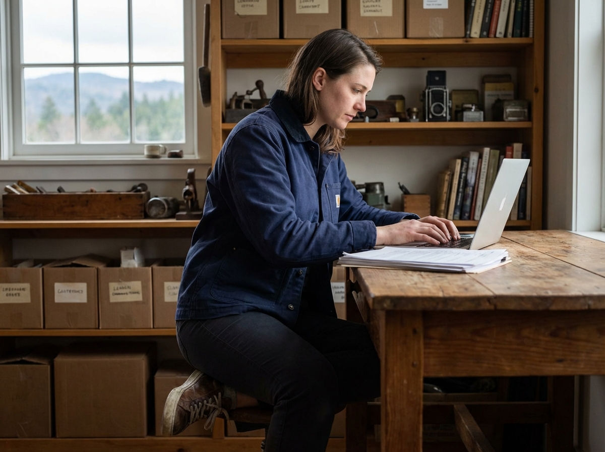 Femme travaillant sur ordinateur dans un bureau rural cosy