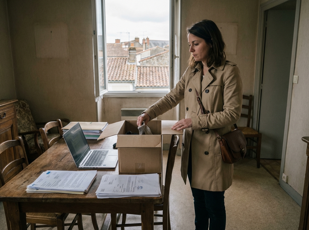 Femme déballant une boîte dans un appartement à Les Herbiers