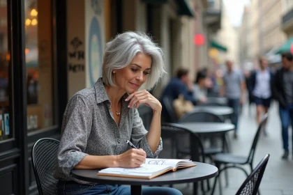 Femme aux cheveux argentés sketchant dans un café urbain